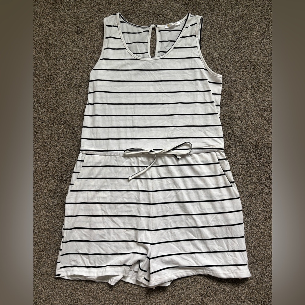 Striped White & Black Tank Romper with Drawstring - Womens one piece